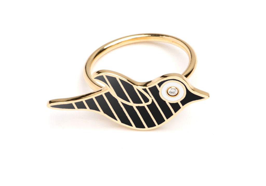 Gold and Black Striped Enamel Bird Ring