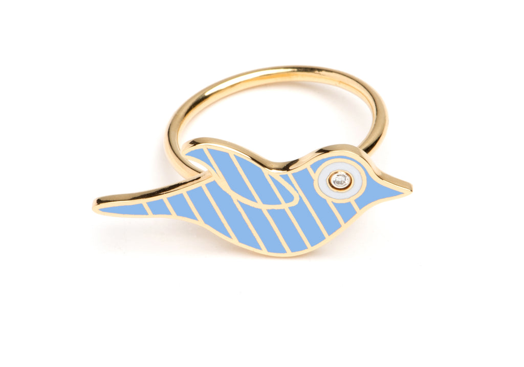 Gold and Blue Striped Enamel Bird Ring