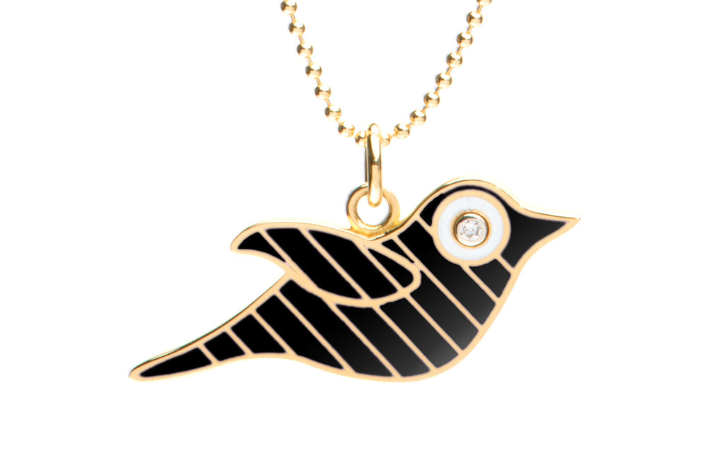 Gold and Black Striped Enamel Bird Necklace