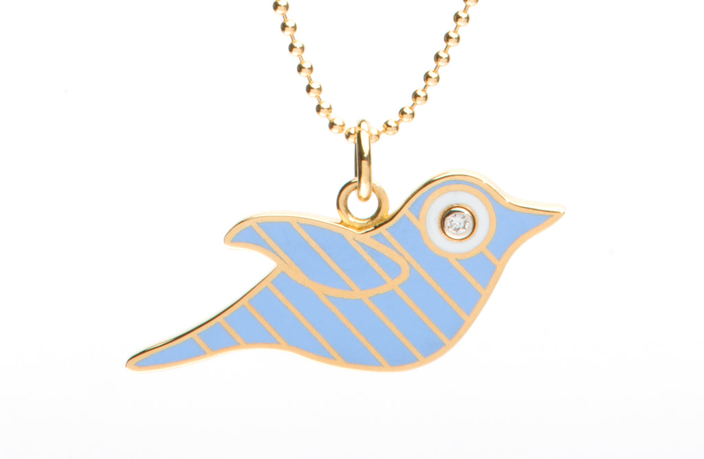 Gold and Blue Striped Enamel Bird Necklace