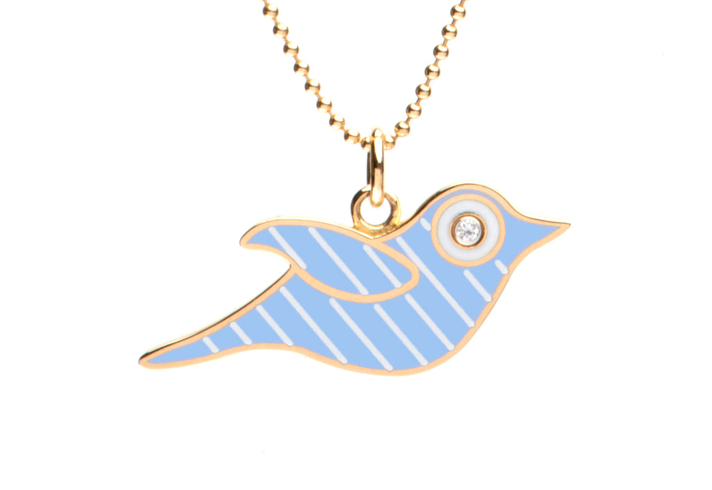 Blue and White Stripe Enamel Bird Necklace