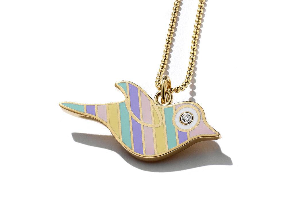 Gold and Rainbow Striped Enamel Bird Necklace
