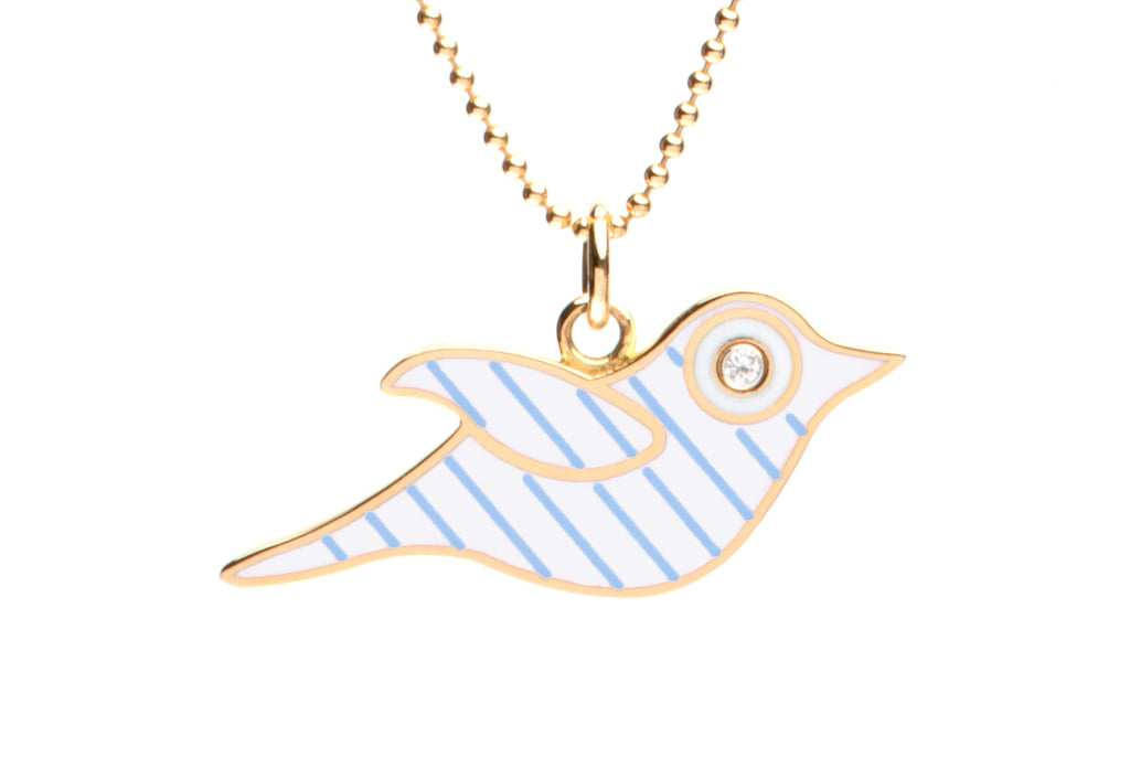 White and Blue Stripe Enamel Bird Necklace