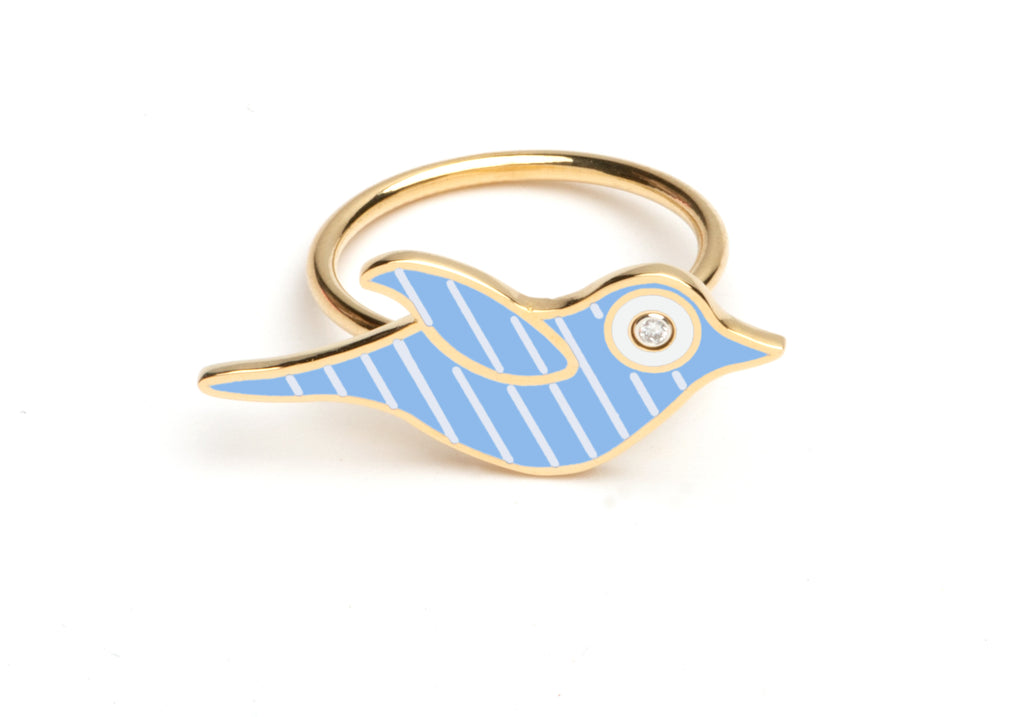 Blue and White Striped Enamel Bird Ring