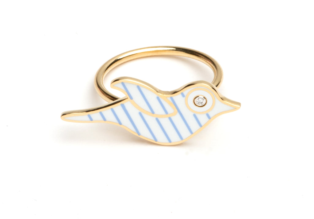 White and Blue Striped Enamel Bird Ring