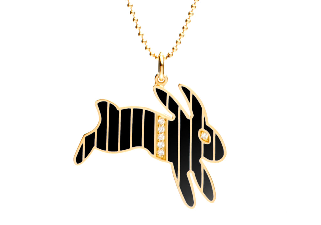 Gold and Diamond Stripe Black Enamel Bunny Necklace