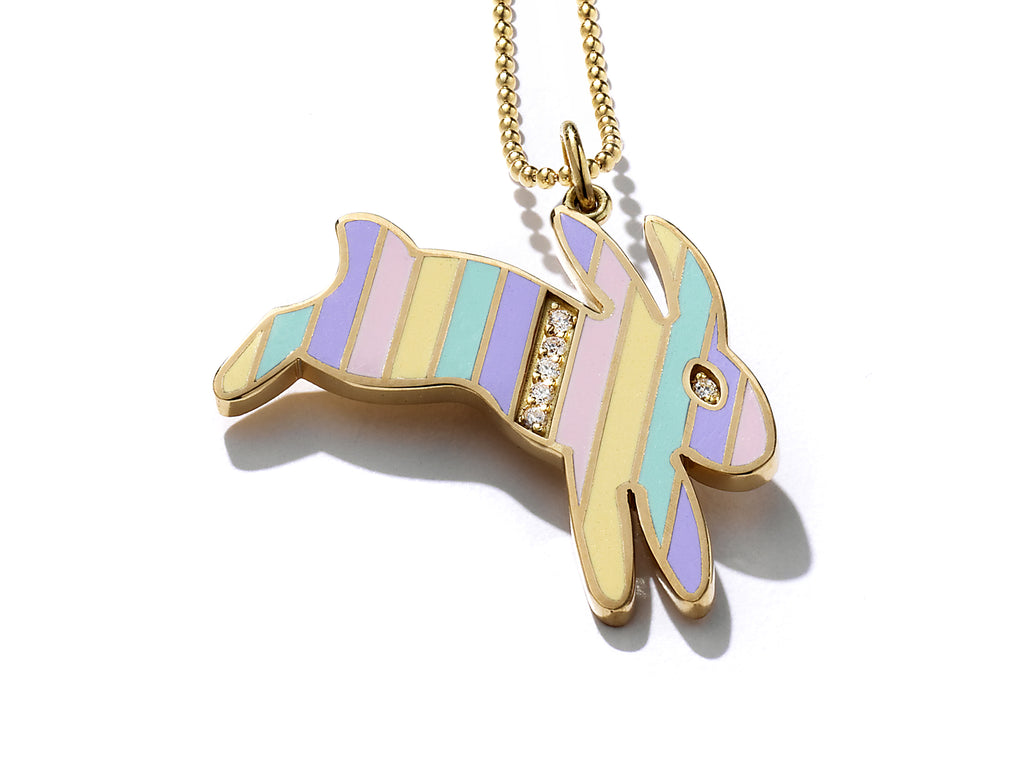 Gold and Diamond Stripe Rainbow Enamel Bunny Necklace