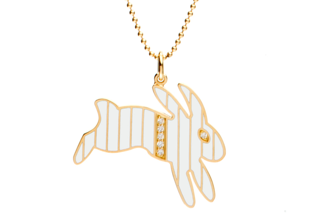Gold and Diamond Stripe White Enamel Bunny Necklace