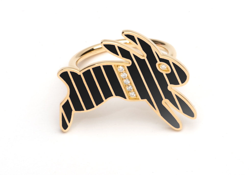 Gold and Diamond Stripe Black Enamel Bunny Ring
