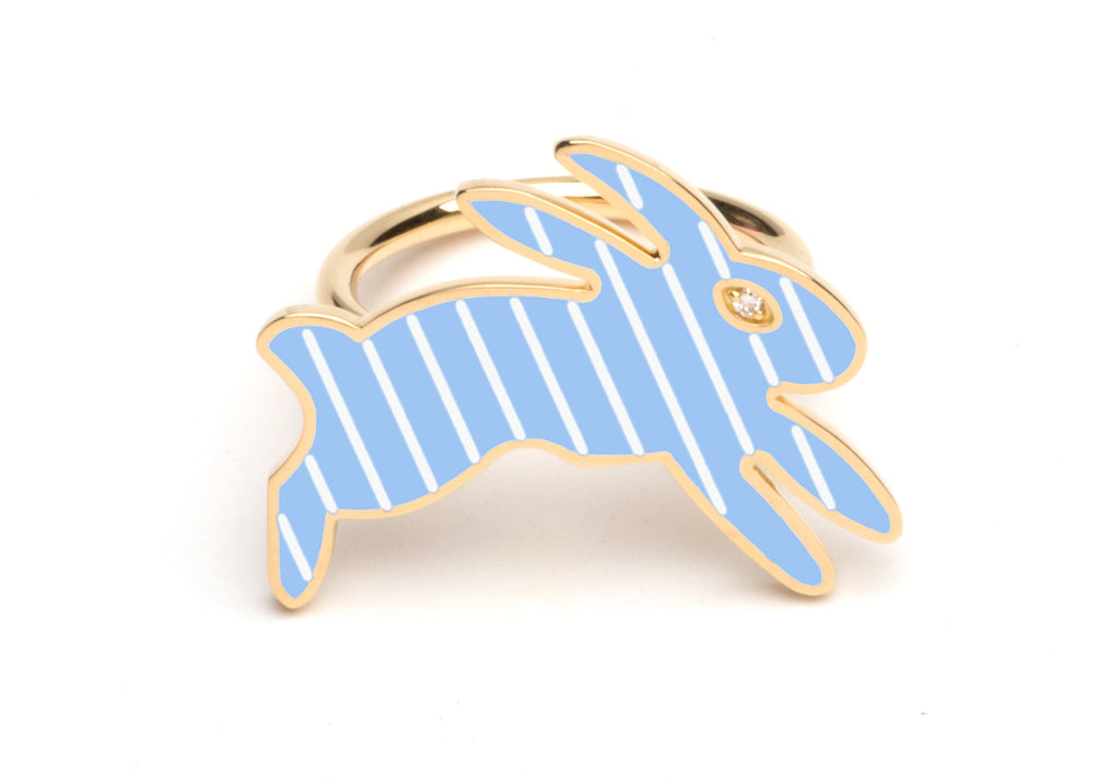Blue and White Striped Enamel Bunny Ring