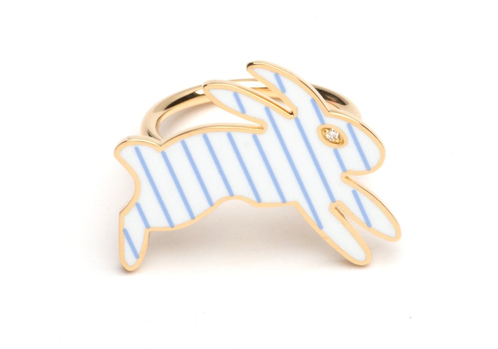 White and Blue Striped Enamel Bunny Ring