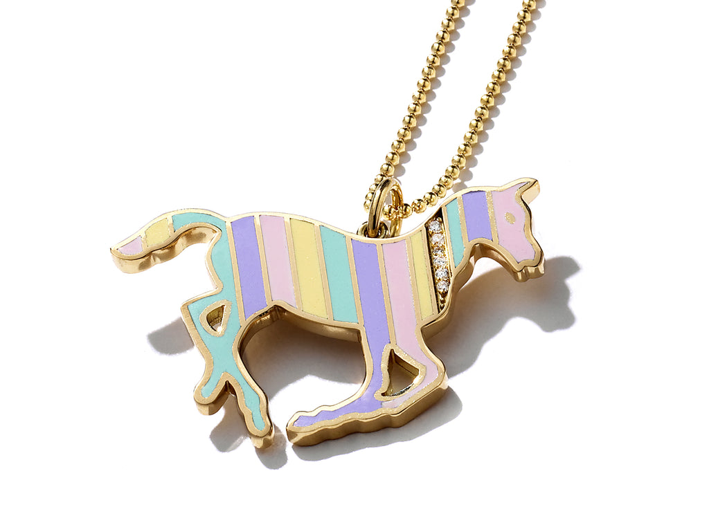 Gold and Diamond Stripe Rainbow Enamel Pony Necklace