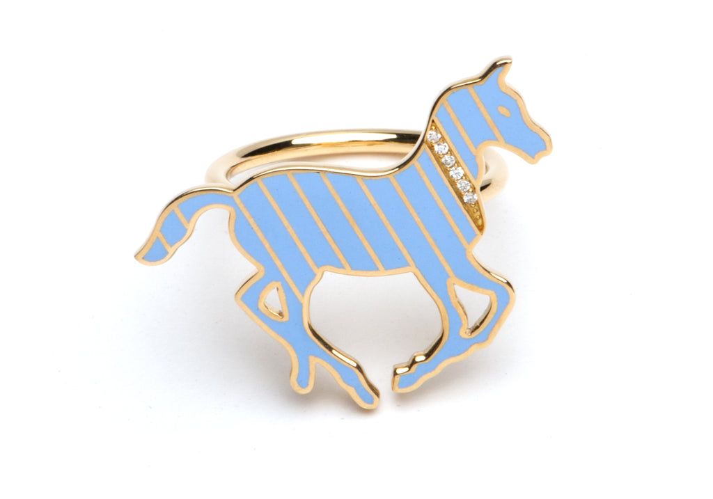 Gold and Diamond Stripe Blue Enamel Pony Ring