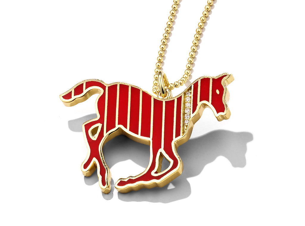 Gold and Diamond Stripe Vermilion Enamel Pony Necklace