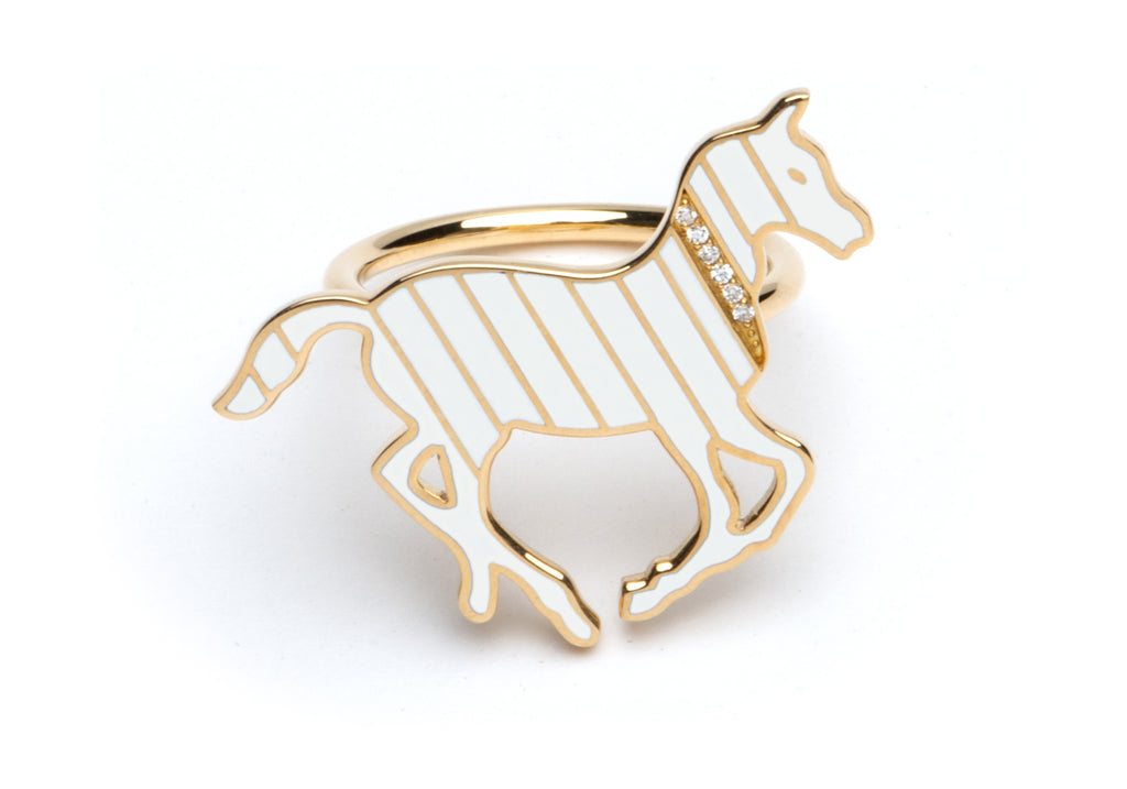 Gold and Diamond Stripe White Enamel Pony Ring