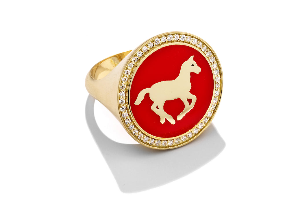 Gold and Vermilion Enamel Pony Signet Ring