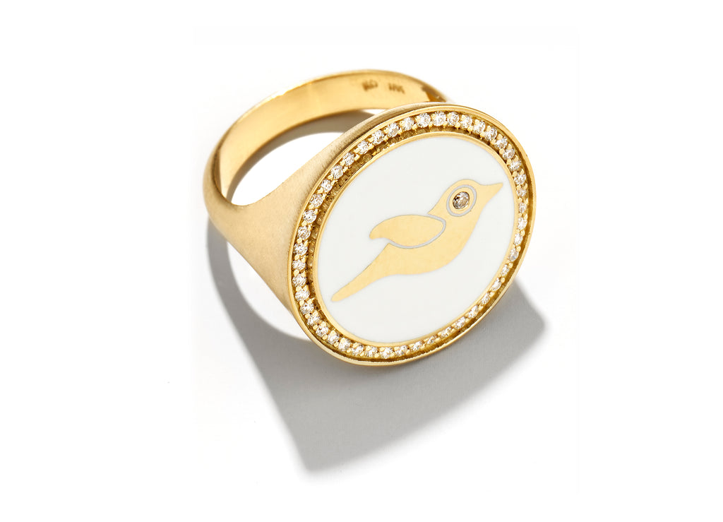Gold and White Enamel Bird Signet Ring