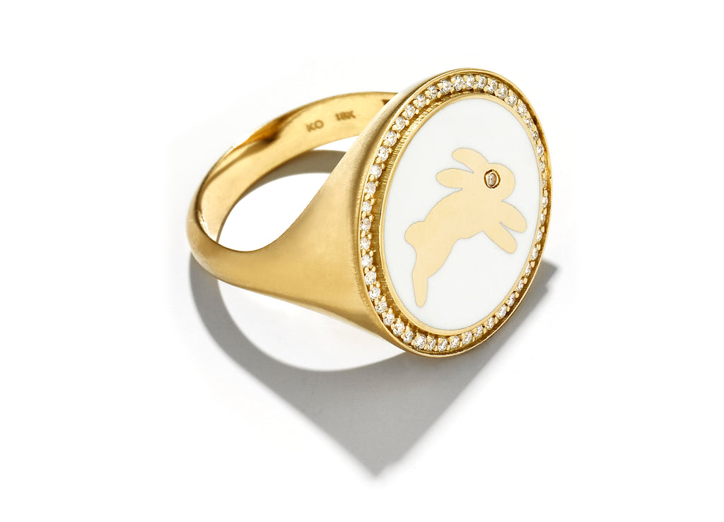 Gold and White Enamel Bunny Signet Ring