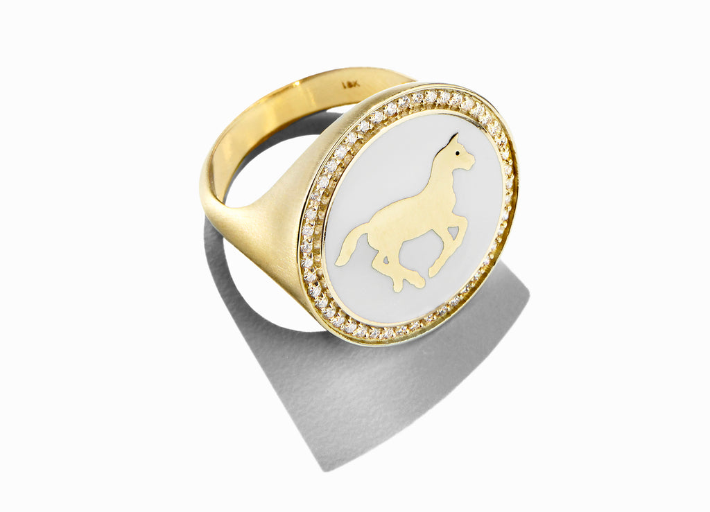 Gold and White Enamel Pony Signet Ring